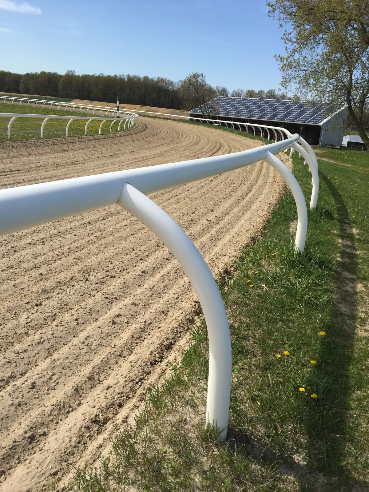 A groomed training track with white rails beside a solar-panelled building